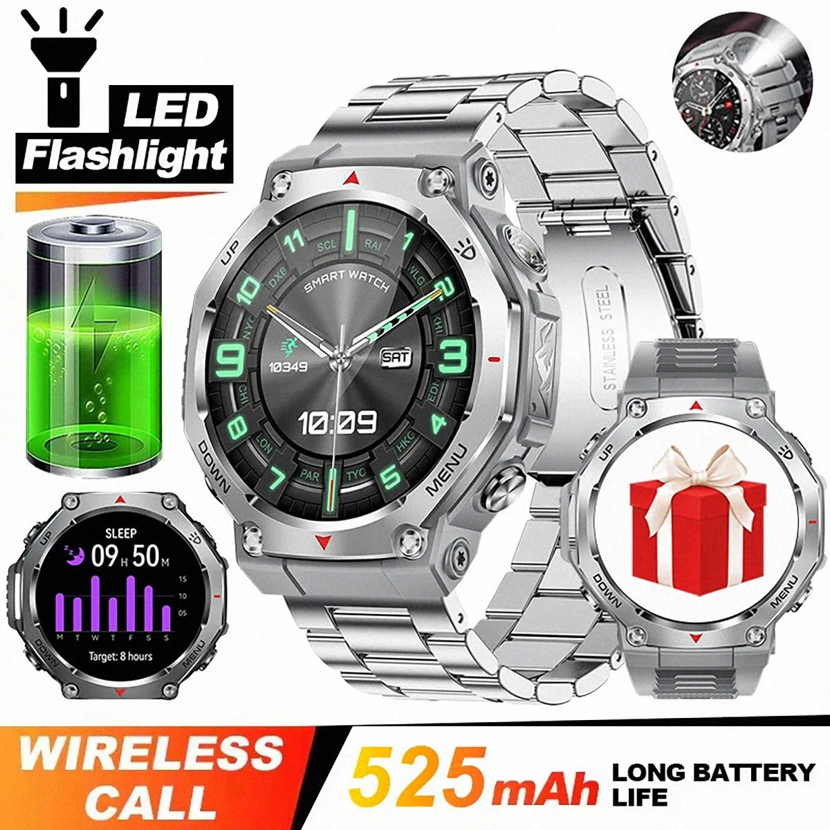 2025 New Military Smart Watch Flashlight/UV Light 5ATM Waterproof Sport Fitness Smartwatch Men Bluetooth Call for Xiaomi IOS