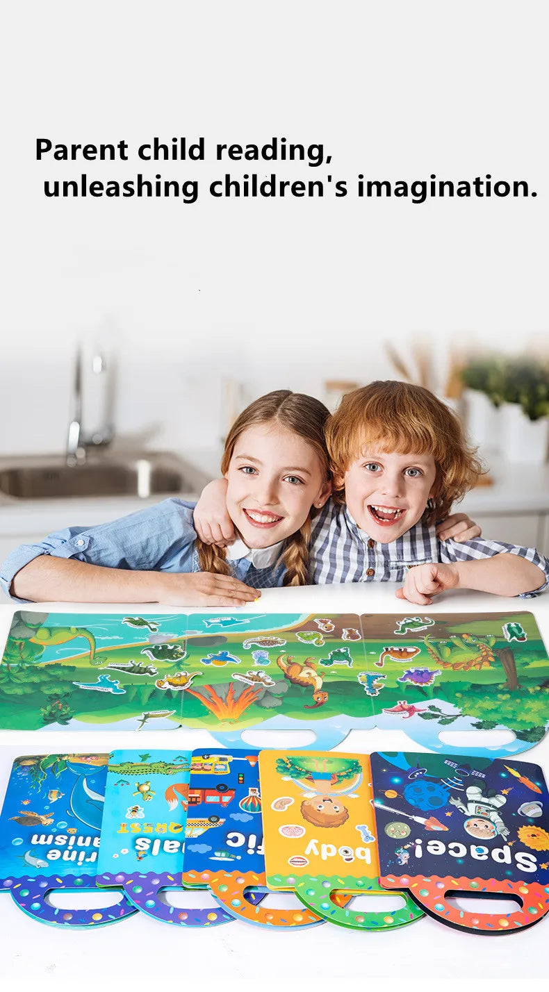 Reusable Cartoon Sticker Book for Kids Multiple Scenos DIY Puzzle Game Educational Learning Classic Toys for Child Age 2-4 Gifts