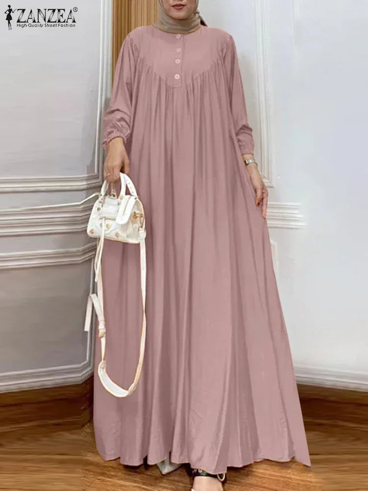 ZANZEA Women Muslim Maxi Long Dress Dubai Turkey Abaya Hijab Sundress Robe Femme Fashion Long Sleeve Vestidos Islamic Clothing