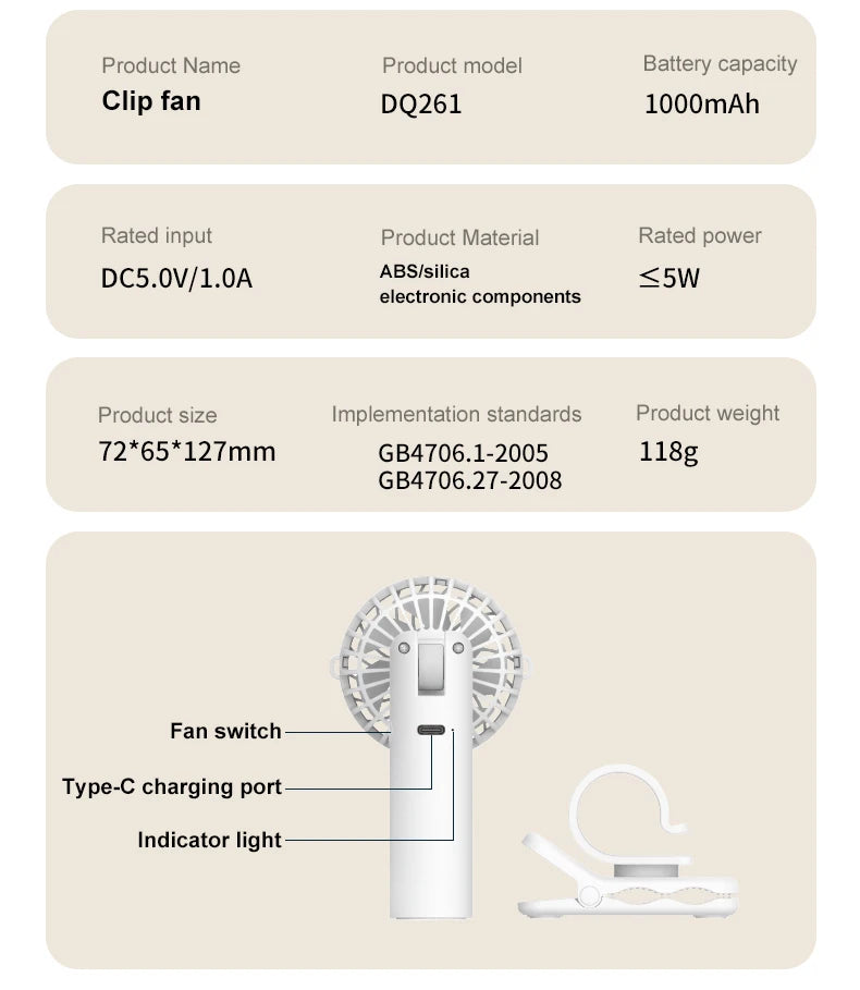 Portable Multifunctional Mini Clip Fan USB Rechargeable 1000mAh 3 Wind Speeds Adjustable Silent Handheld Fan for Travel Umbrella