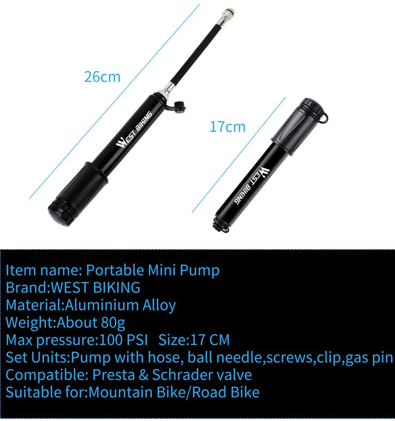 WEST BIKING 100Psi Mini Bike Pump Aluminum Alloy Bicycle Hand Air Pump Tire Inflator Schrader Presta Valve MTB Road Cycling Pump