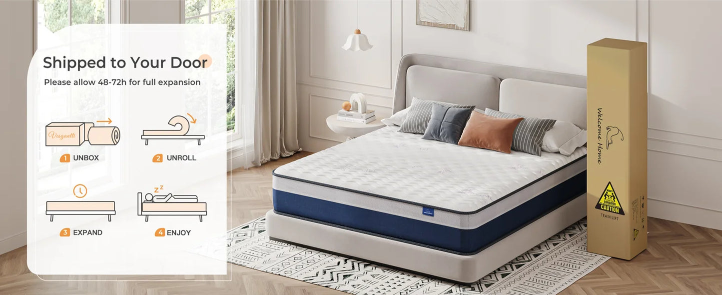 Vesgantti Tight Top 10/12 Inch Innerspring Hybrid Mattress/Bed in a Box, Medium Firm Plush Feel - Memory Foam and Pocket Spring