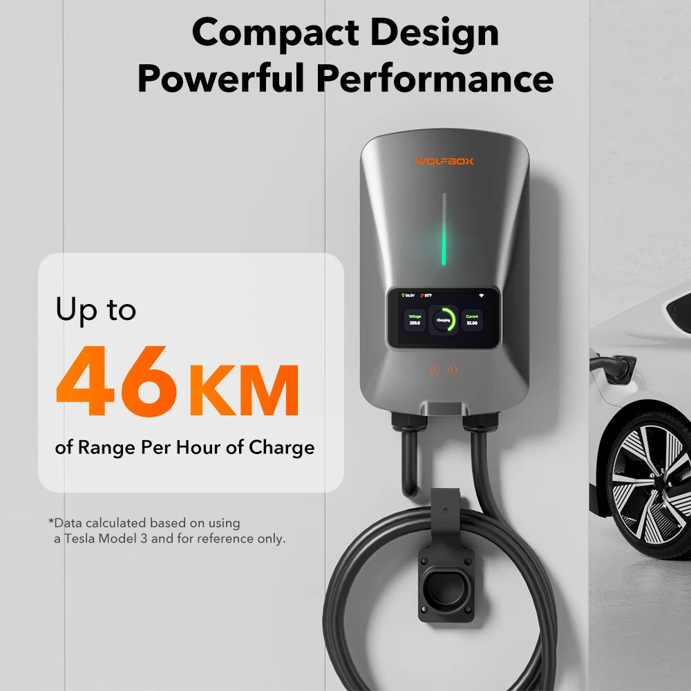 WOLFBOX EV Charging Station Type 2 7KW 32A 1 Phase Electric Vehicle Car Charger Wallbox with LCD Screen APP Control RFID Card