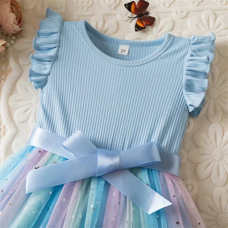 Toddler Girls Princess Dress Children Rainbow Sleeveless Tulle Dress Summer New Baby Birthday Party Vestido Sweet Casual Clothes