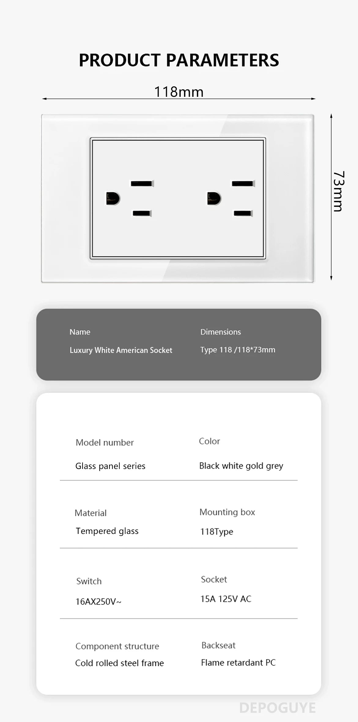 US Wall Switch Power Socket with USB Type-c Quick Charger,American Mexico White Tempered Glass Plug Outlet,Light Switch Panel