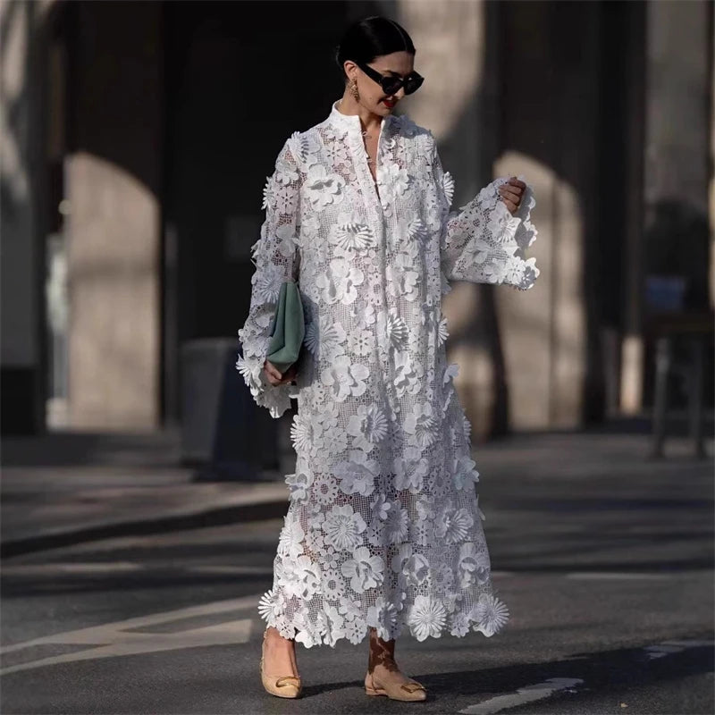 Women's Dress Handmade 3D Embroidered Hollow Design Dress Pure White Dress Elegant Evening Dress Commuter Dress