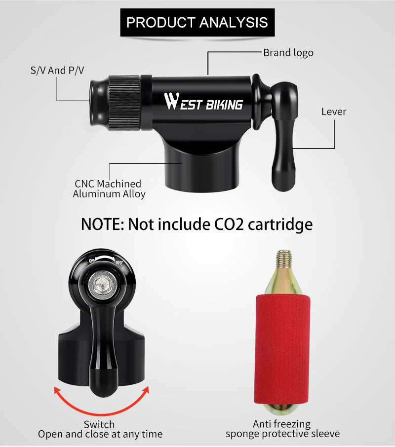 WEST BIKING Mini Bicycle CO2 Pump Portable Tire Inflator For Schrader Presta Adapter MTB Road Bike Aluminum Alloy Automatic Pump