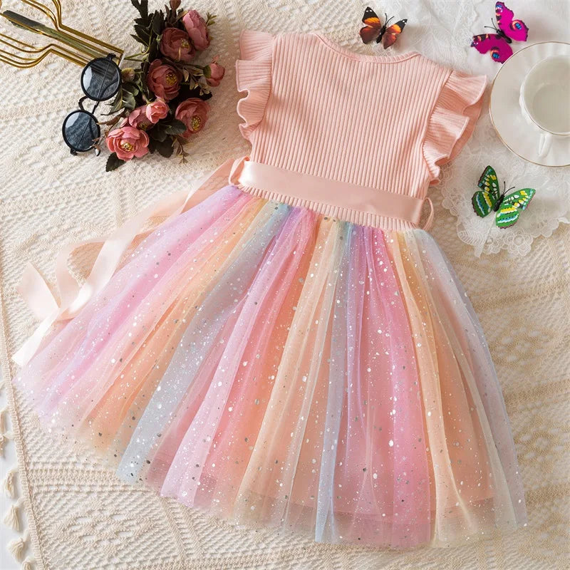 Toddler Girls Princess Dress Children Rainbow Sleeveless Tulle Dress Summer New Baby Birthday Party Vestido Sweet Casual Clothes