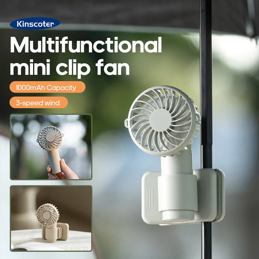 Portable Multifunctional Mini Clip Fan USB Rechargeable 1000mAh 3 Wind Speeds Adjustable Silent Handheld Fan for Travel Umbrella