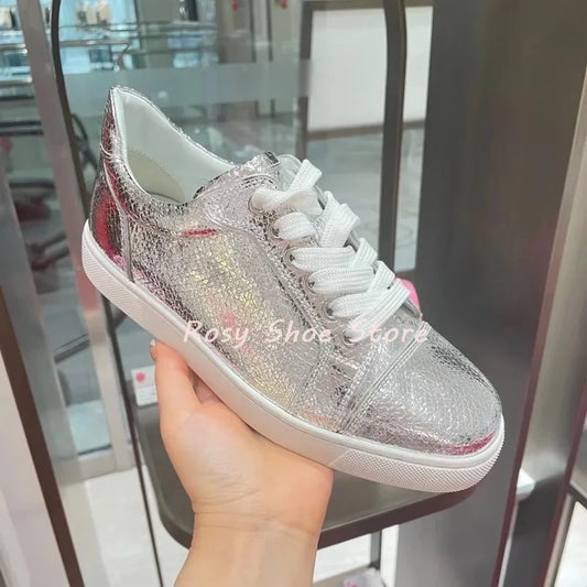 Silver Gold Glossy Textured Men's Women's Sneakers Cute Round Toe Fashion Lace Up Flat Casual Daily Couple Shoes Training Shoes