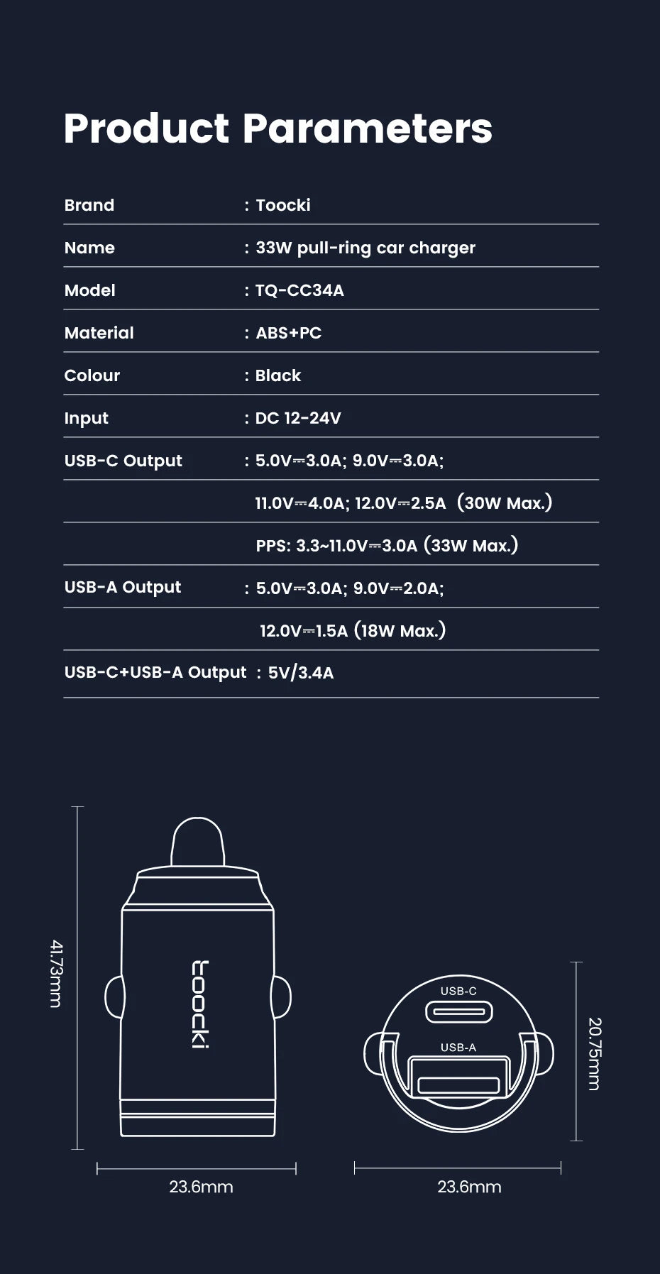 Toocki 45W Car Charger Fast Charging PPS 33W USB Type C Fast Charging For iPhone 15 14 13 12 Pro Huawei Samsung S23 Xiaomi 13 12