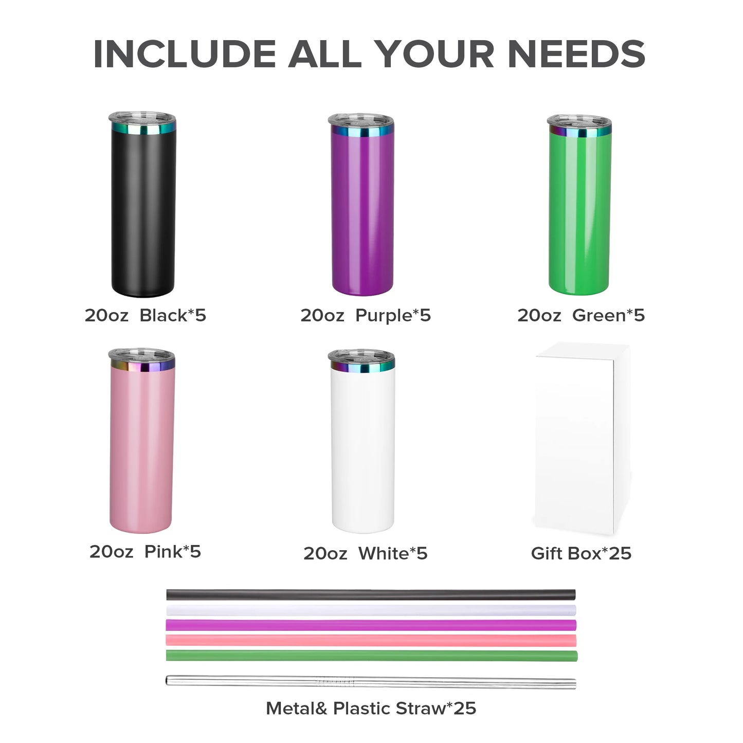 25 Pack20OZ powder coated Tumbler, Vacuum water bottles in Gold-Plated, Silver, and Rainbow styles, Laser engraved drinkwarecups