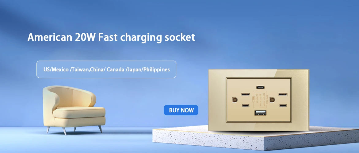 US Wall Switch Power Socket with USB Type-c Quick Charger,American Mexico White Tempered Glass Plug Outlet,Light Switch Panel