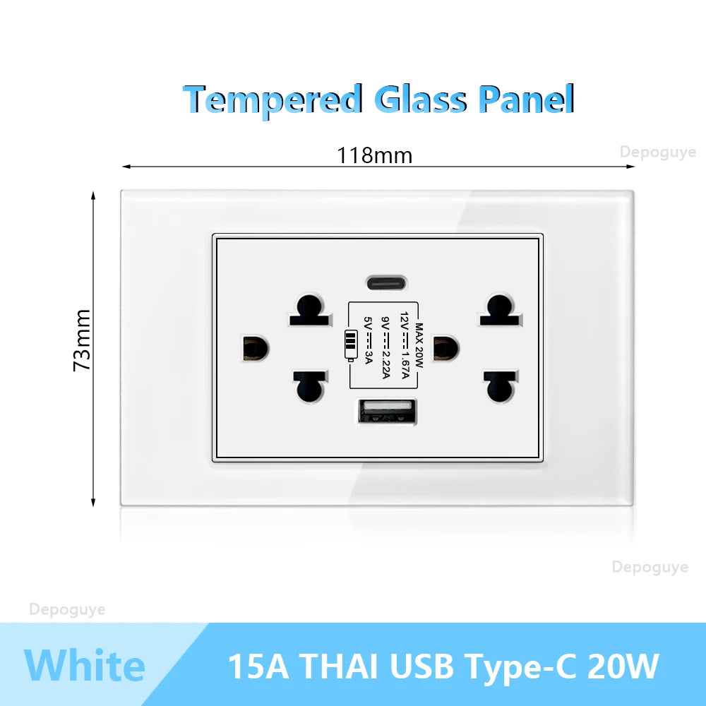 US Wall Switch Power Socket with USB Type-c Quick Charger,American Mexico White Tempered Glass Plug Outlet,Light Switch Panel
