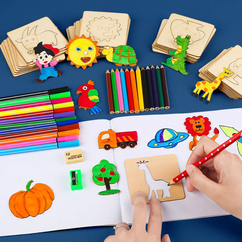 20pcs Montessori Kids Drawing Toys Wooden DIY Painting Stencils Template Craft Toys Puzzle Educational Toys for kids Gifts