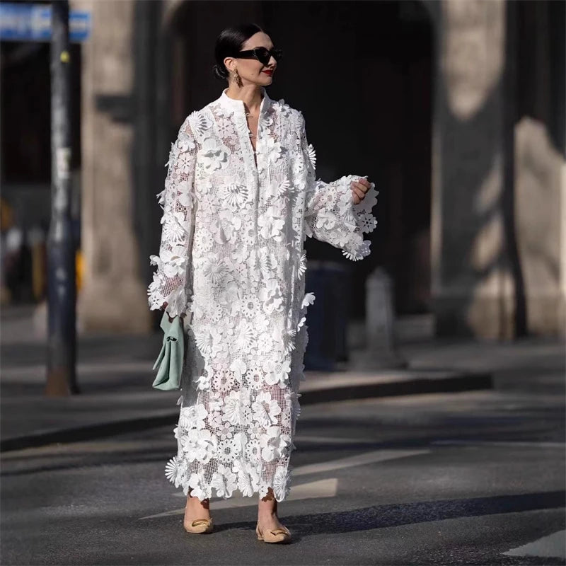 Women's Dress Handmade 3D Embroidered Hollow Design Dress Pure White Dress Elegant Evening Dress Commuter Dress