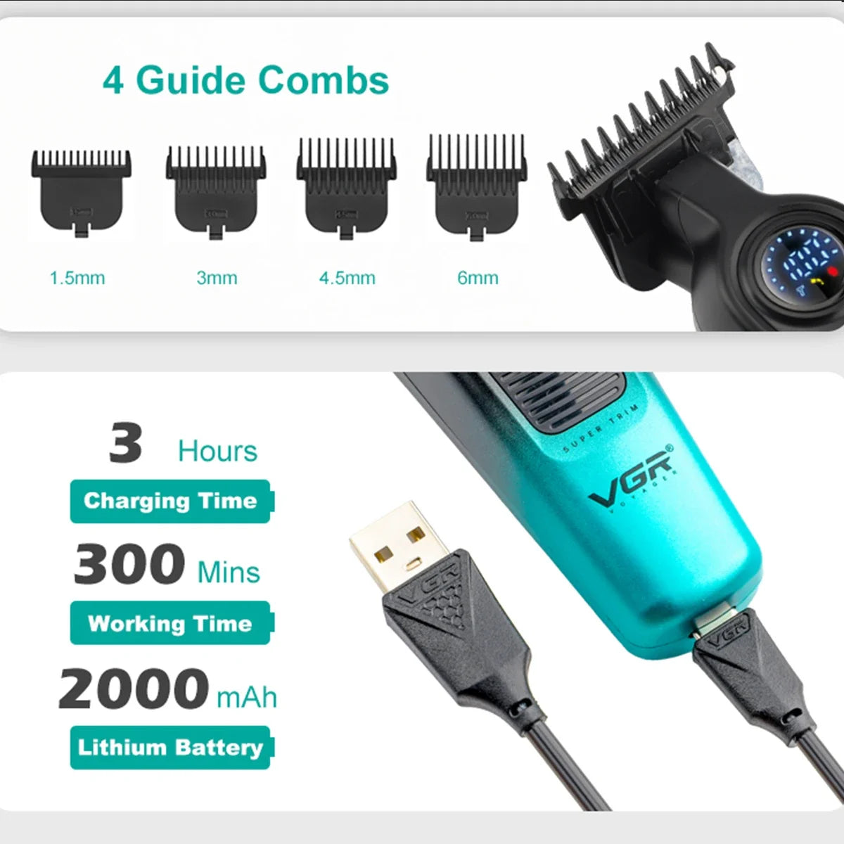 VGR V-996 Trimmer for Men DLC T-Blade LED Display Cordless USB Oil Head Professional Hair Clipper Finishing Machine Haircut