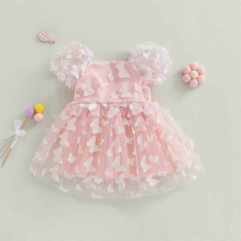 Pudcoco Kids Baby Girl Princess Dress, Puff Sleeve Tulle Dress Flower/Butterfly A-line Dress for Party Stage Show 1-6T