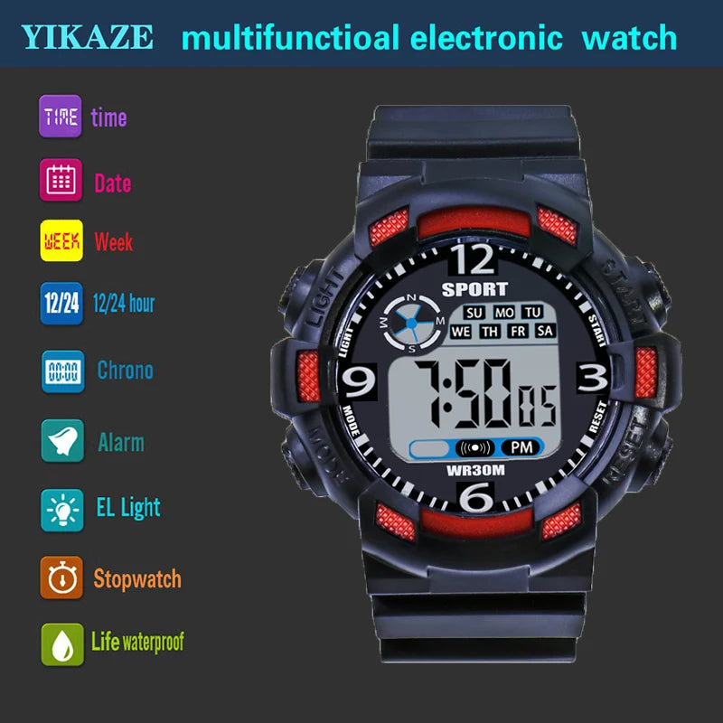 YIKAZE Men's Digital Electronic Watch Sports Glow 55mm Large Dial Student Outdoor Adventure Trend Multifunctional Watches Clock