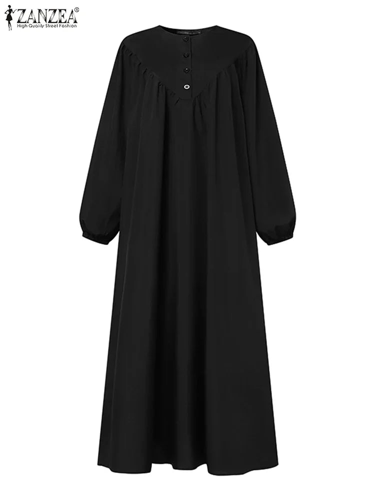 ZANZEA Women Muslim Maxi Long Dress Dubai Turkey Abaya Hijab Sundress Robe Femme Fashion Long Sleeve Vestidos Islamic Clothing