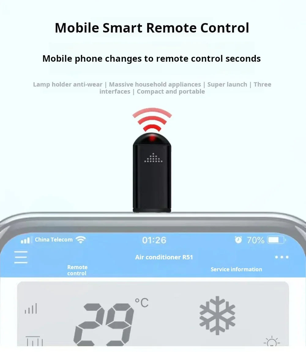 Type-C Smartphone Infrared Transmitter Adapter, Smart App Control for TV and Other Devices with Infrared Remote Functionality