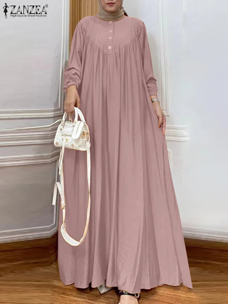 ZANZEA Women Muslim Maxi Long Dress Dubai Turkey Abaya Hijab Sundress Robe Femme Fashion Long Sleeve Vestidos Islamic Clothing
