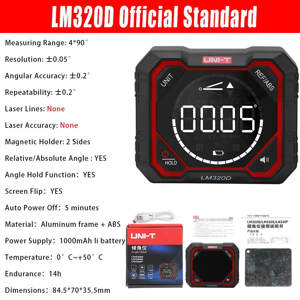 UNI-T LM320D LM320E LM320F Laser Inclinometer Digital Angel Meter with Absolute Relative Angle Measurement Magnetic Inclinometer
