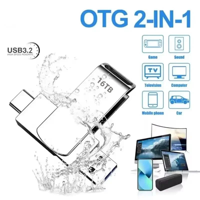 16TB Flash Drive USB 3.2 Super High Speed Transfer Metal Mini U Disk Pen Drive Type C Memory Waterproof Disk SSD U Drive