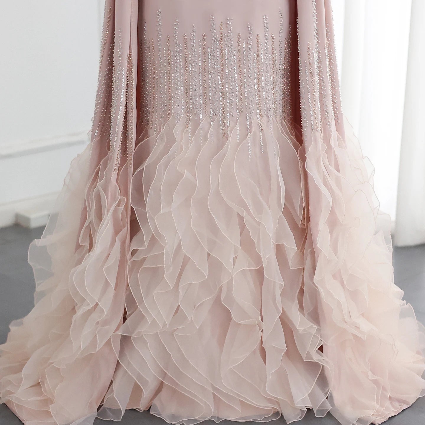 Sharon Said Luxury Dubai Nude Evening Dresses with Cape Sleeves Tiered Ruffles Arabic Women Wedding Party Gowns SS440 Customized