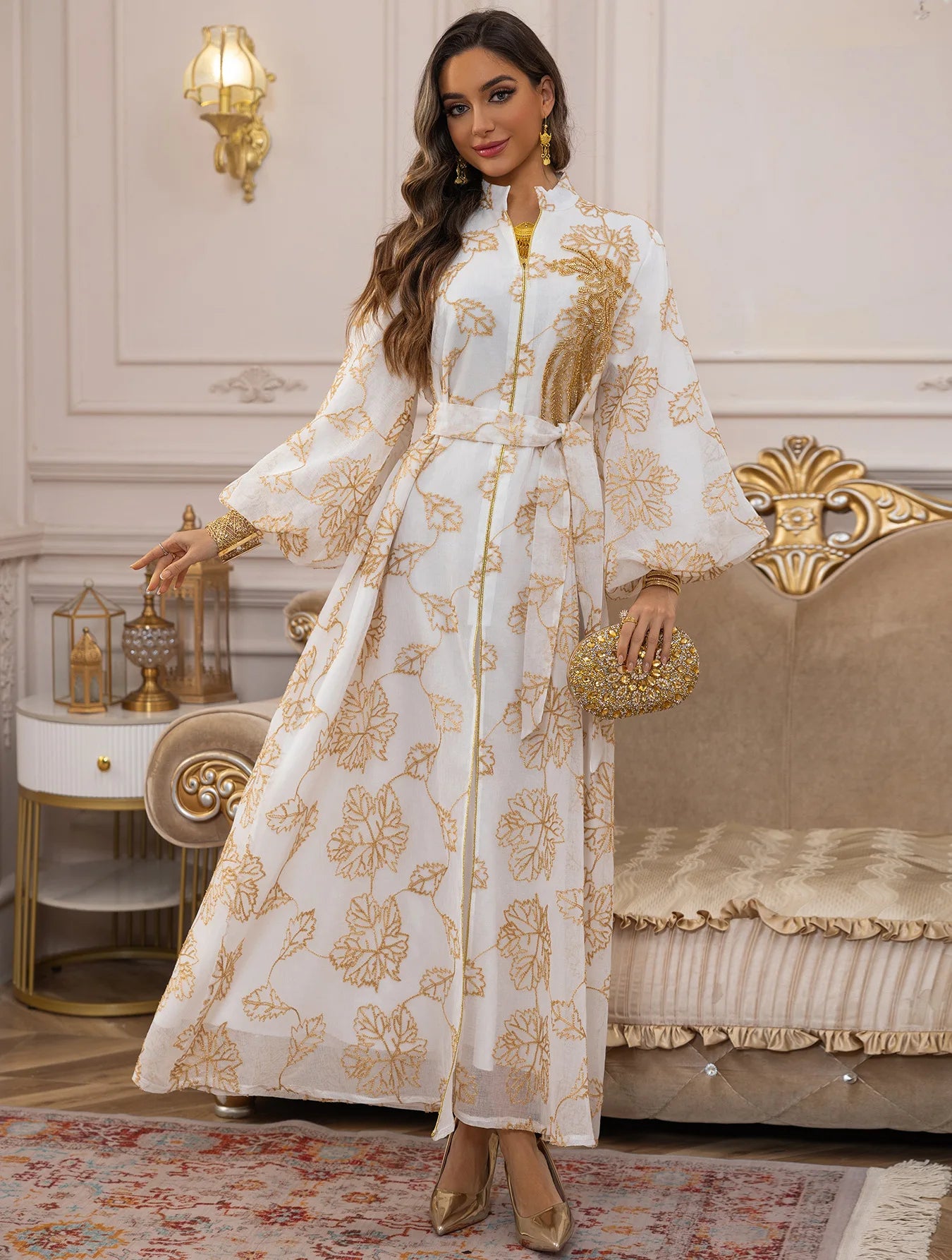 2025 Dubai Luxury Muslim Abaya Gold Floral Embroidered Long Dress Elegant Modest Islam Outerwear for in the MIddle East Women