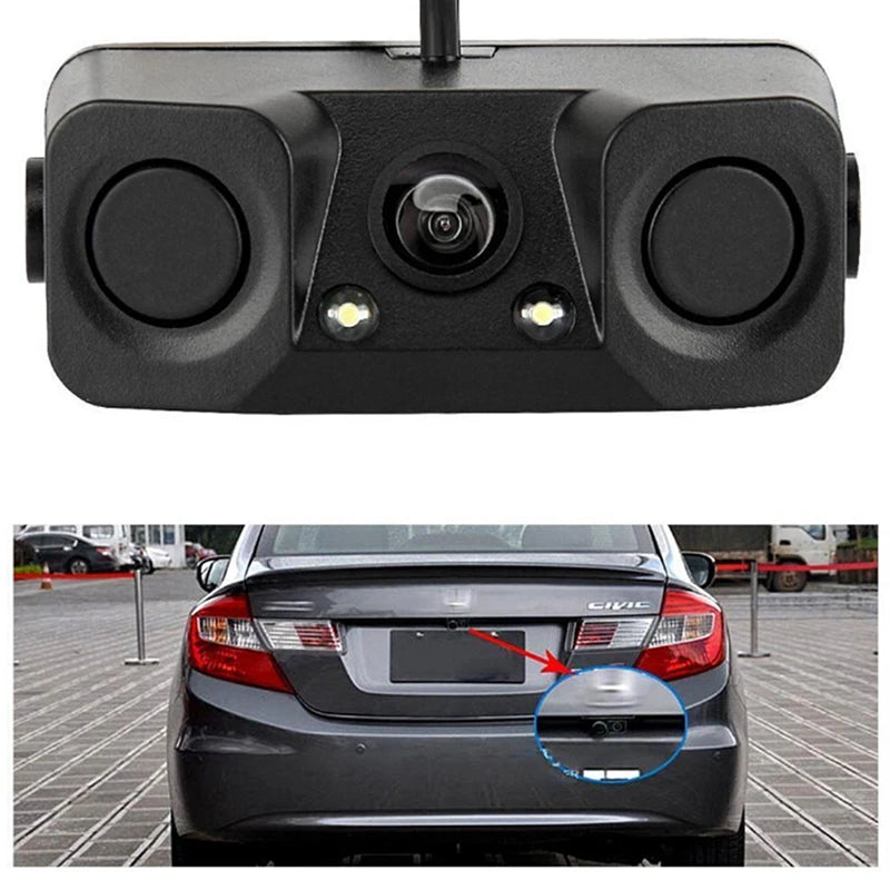 3 in 1 Car Parking Sensor Car Reverse Backup Rear View Camera with 2 Radar Detector Sensors Indicator Buzzer Alarm Car Camera