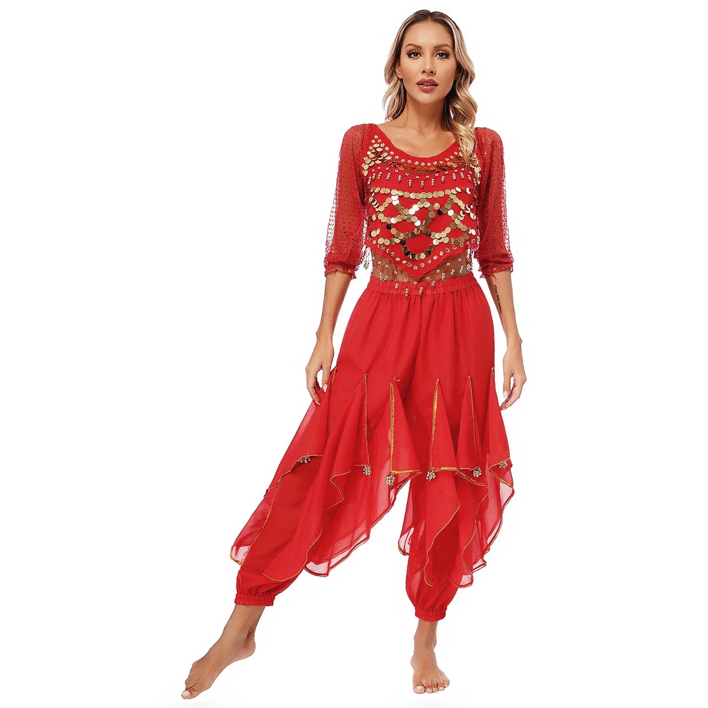 Womens Indian Belly Dance Performance Costume Sequined Long Sleeve Chiffon Tops Self-tie Back Irregular Hem Crop Top with Pants