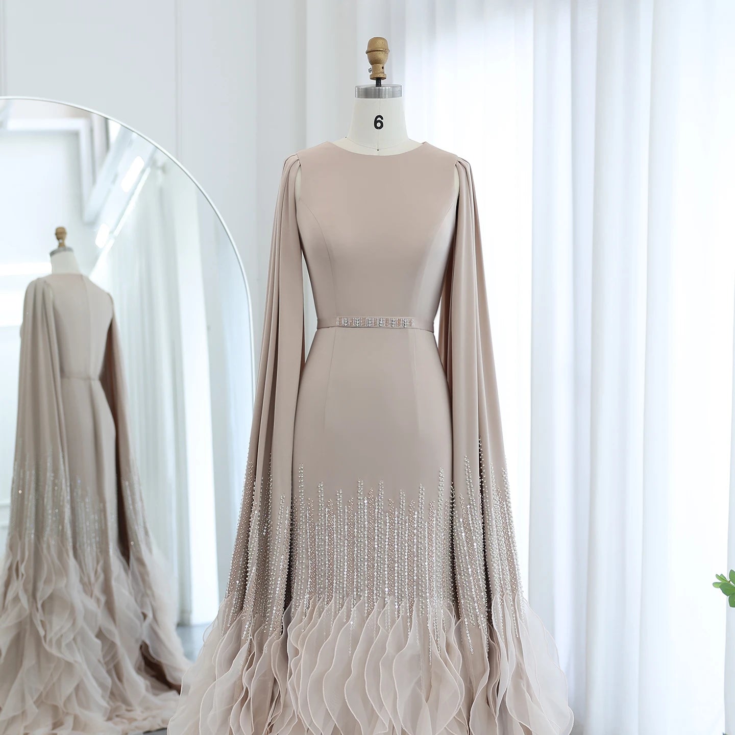 Sharon Said Luxury Dubai Nude Evening Dresses with Cape Sleeves Tiered Ruffles Arabic Women Wedding Party Gowns SS440 Customized