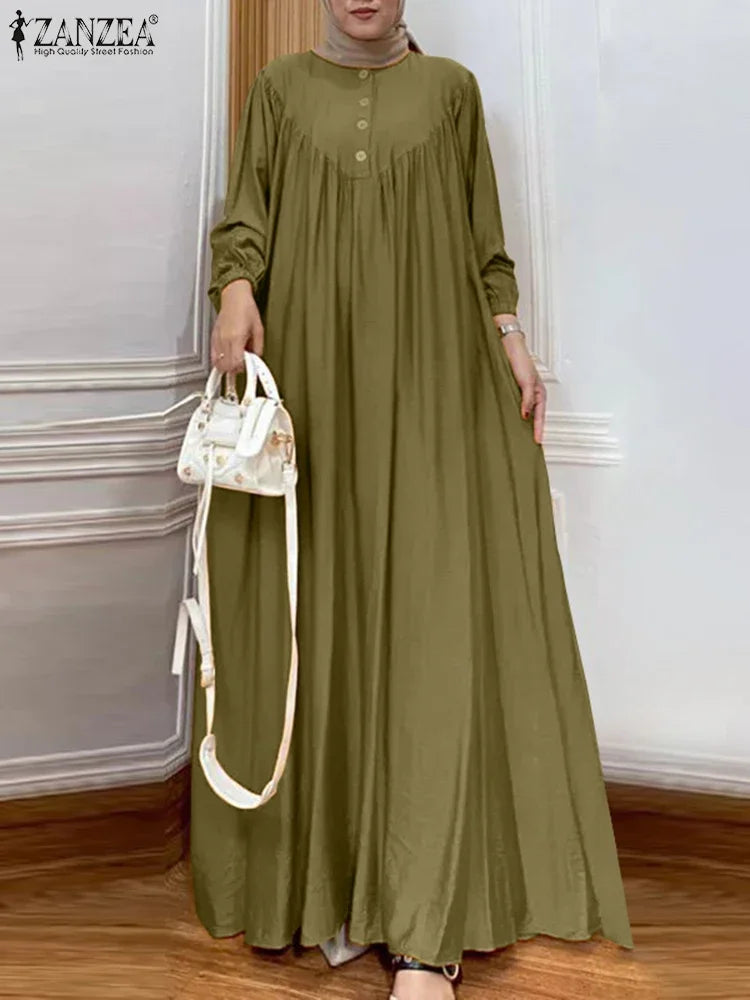 ZANZEA Women Muslim Maxi Long Dress Dubai Turkey Abaya Hijab Sundress Robe Femme Fashion Long Sleeve Vestidos Islamic Clothing