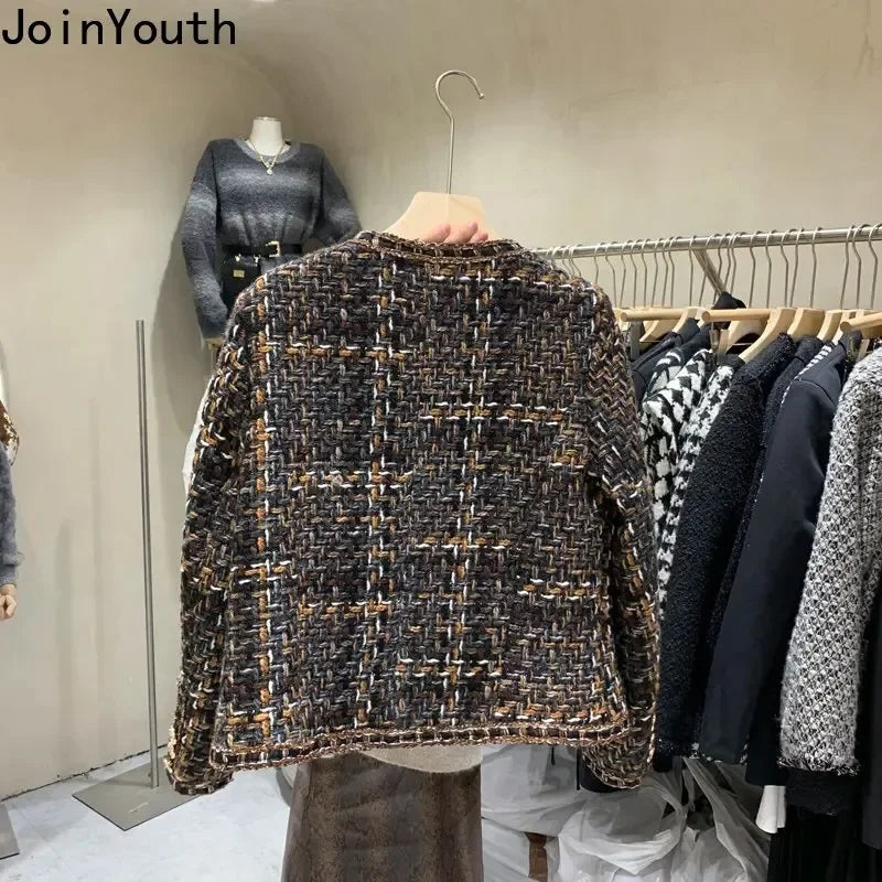 Vintage Jackets 2025 Women Clothing O-neck Long Sleeve Pocket Tweed Temperament Tops Fashion Korean Cropped Coat Y2k Clothes