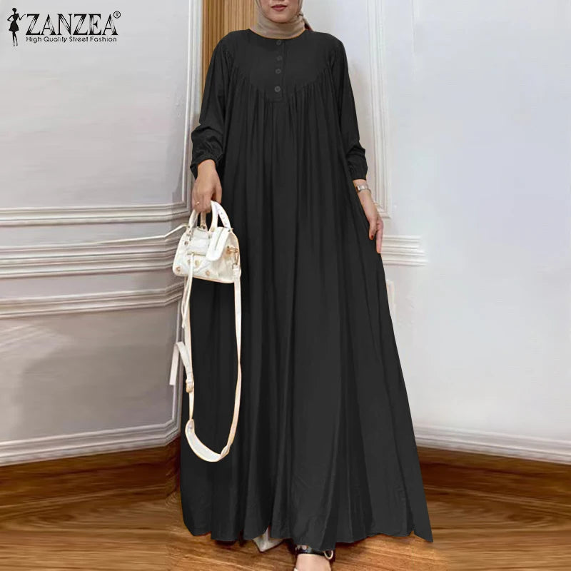 ZANZEA Women Muslim Maxi Long Dress Dubai Turkey Abaya Hijab Sundress Robe Femme Fashion Long Sleeve Vestidos Islamic Clothing