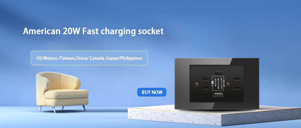 US Wall Switch Power Socket with USB Type-c Quick Charger,American Mexico White Tempered Glass Plug Outlet,Light Switch Panel