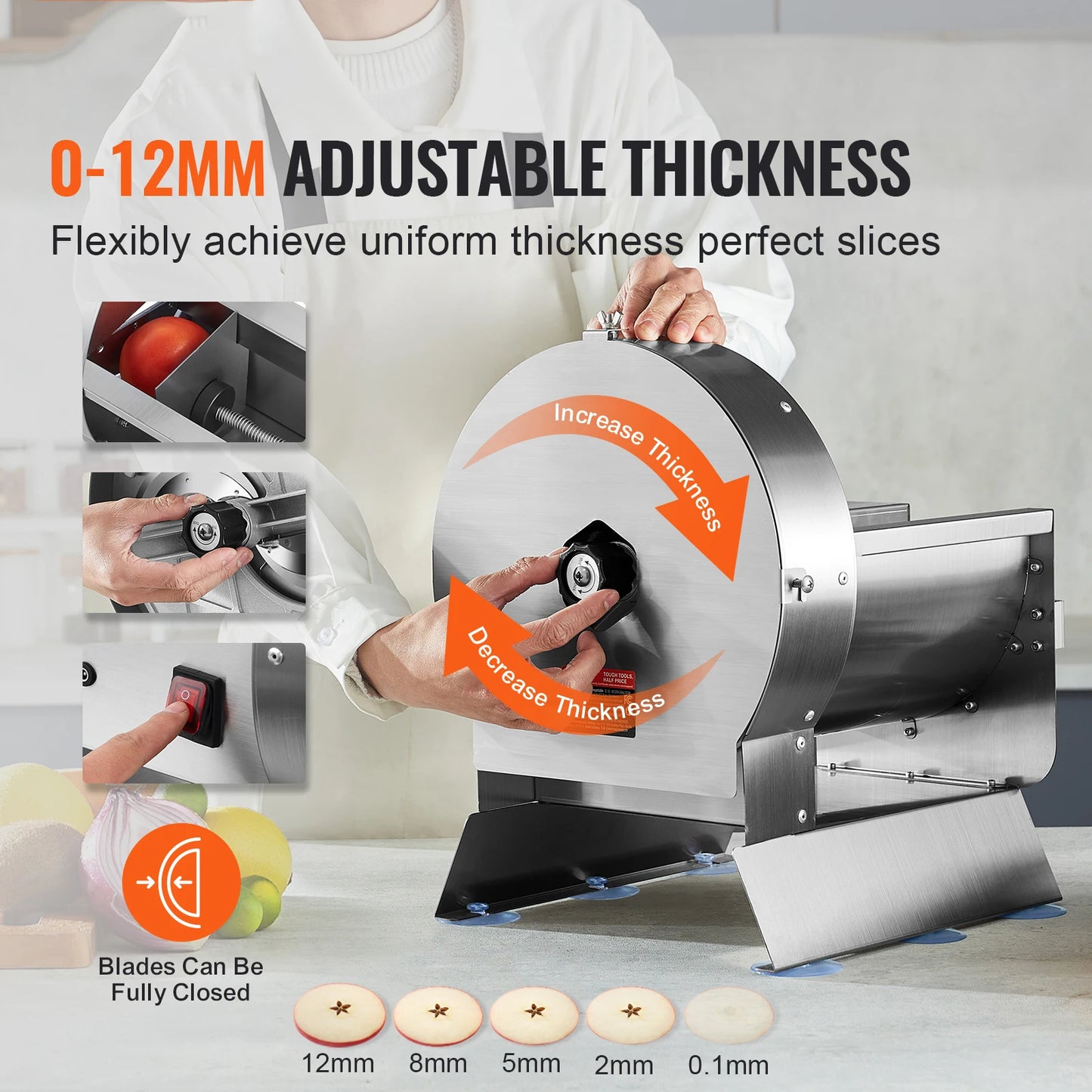 SucceBuy Electric Vegetable Slicer 0-12mm Thickness Adjustable Commercial Slicer Machine Stainless Steel Food Cutter Machine