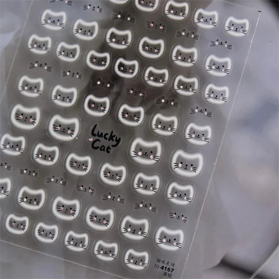 White Halo Dyeing Cat Face Cup Black Orange Toy Umbrella Love Heart Kitty Cake Embossed Relief Nail Art Stickers Manicure Decals