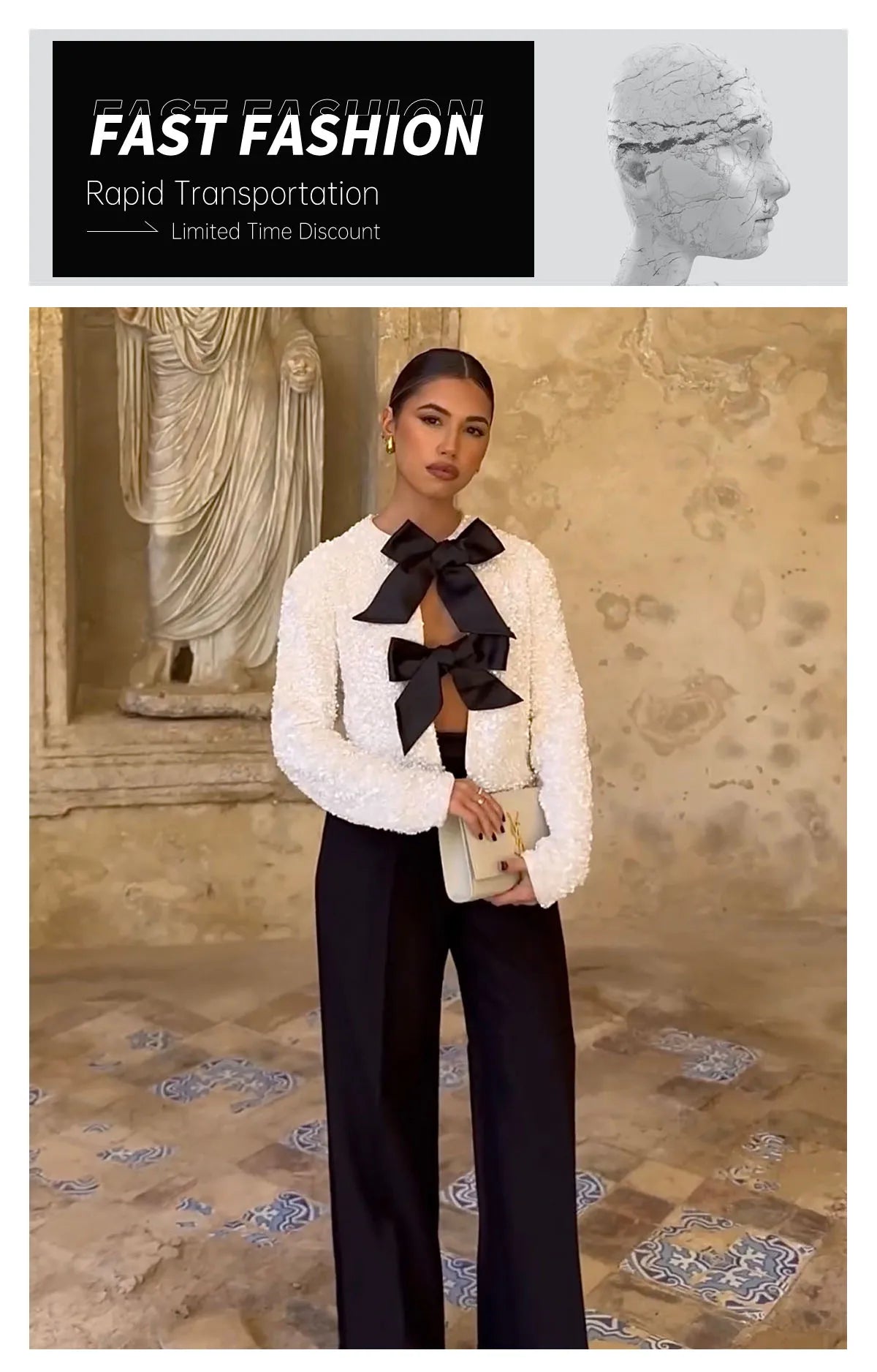 UNIZERA 2023 Autumn/Winter New Product Women's Fashionable and Stylish Round Neck Long sleeved Bow Tied Sequin Suit Coat