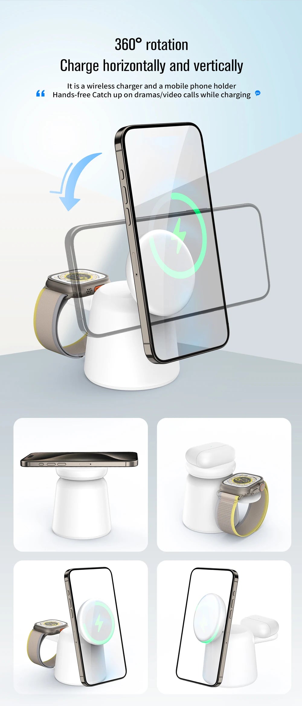 3 in 1 Magnetic Wireless Charger Stand Foldable for iPhone 15 14 13 12 Pro Max Airpods IWatch 9 8 7 6 Fast Charging Dock Station