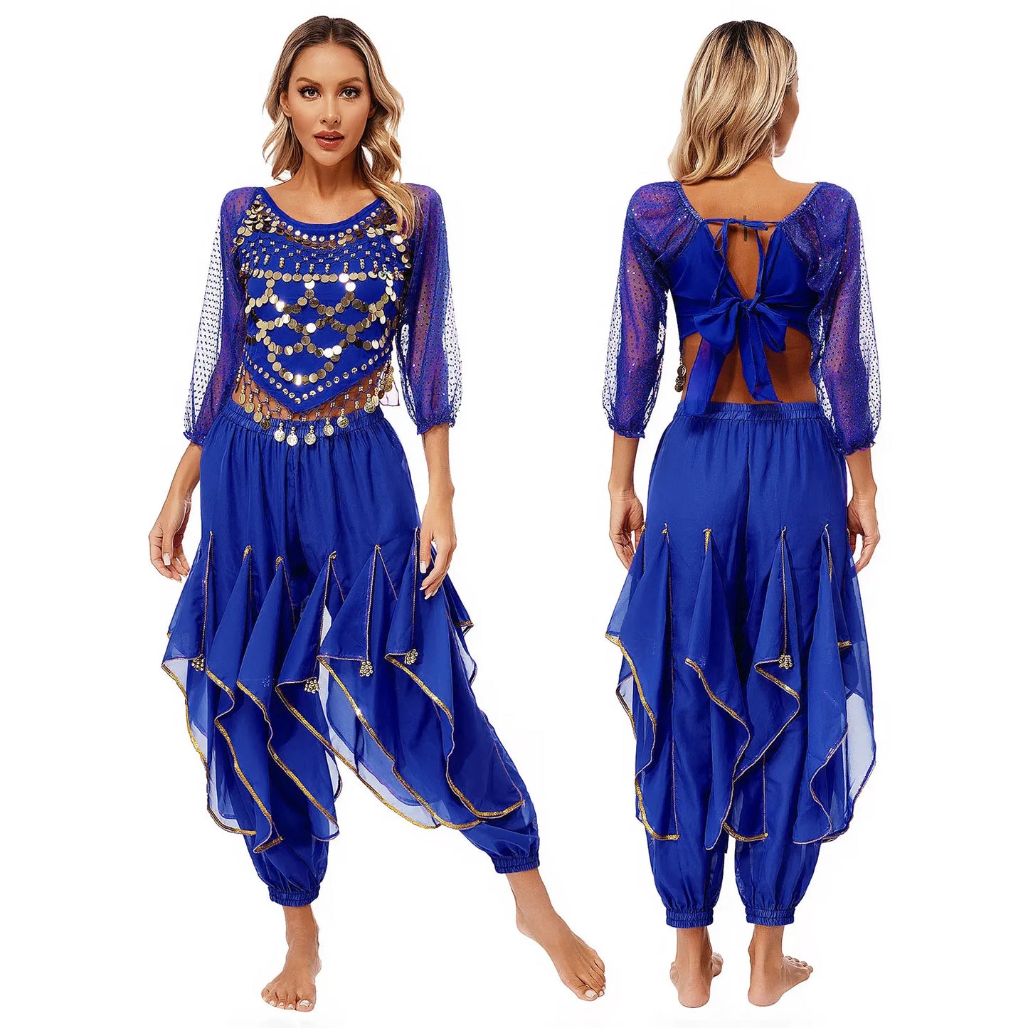 Womens Indian Belly Dance Performance Costume Sequined Long Sleeve Chiffon Tops Self-tie Back Irregular Hem Crop Top with Pants