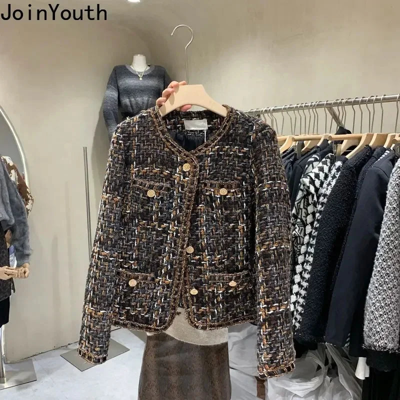 Vintage Jackets 2025 Women Clothing O-neck Long Sleeve Pocket Tweed Temperament Tops Fashion Korean Cropped Coat Y2k Clothes