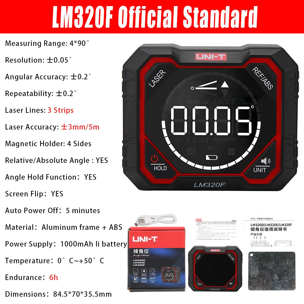 UNI-T LM320D LM320E LM320F Laser Inclinometer Digital Angel Meter with Absolute Relative Angle Measurement Magnetic Inclinometer