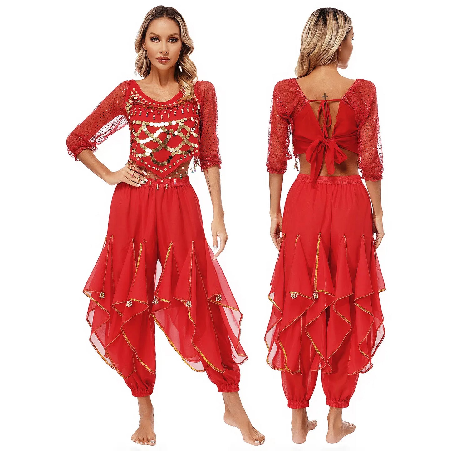 Womens Indian Belly Dance Performance Costume Sequined Long Sleeve Chiffon Tops Self-tie Back Irregular Hem Crop Top with Pants