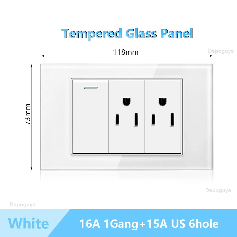 US Wall Switch Power Socket with USB Type-c Quick Charger,American Mexico White Tempered Glass Plug Outlet,Light Switch Panel
