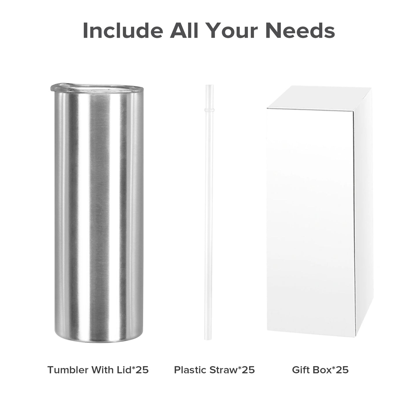 25 Pack 20OZ Silvery Stainless Steel tumbler with Lid & Straw - Slim Straight Vacuum Insulated Cup