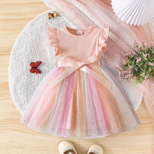 Toddler Girls Princess Dress Children Rainbow Sleeveless Tulle Dress Summer New Baby Birthday Party Vestido Sweet Casual Clothes