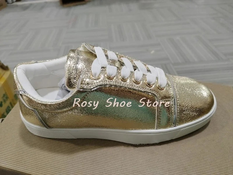 Silver Gold Glossy Textured Men's Women's Sneakers Cute Round Toe Fashion Lace Up Flat Casual Daily Couple Shoes Training Shoes