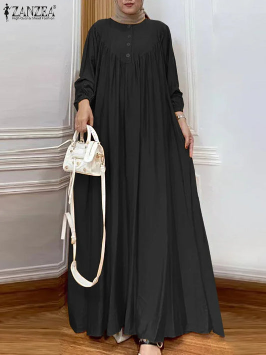 ZANZEA Women Muslim Maxi Long Dress Dubai Turkey Abaya Hijab Sundress Robe Femme Fashion Long Sleeve Vestidos Islamic Clothing